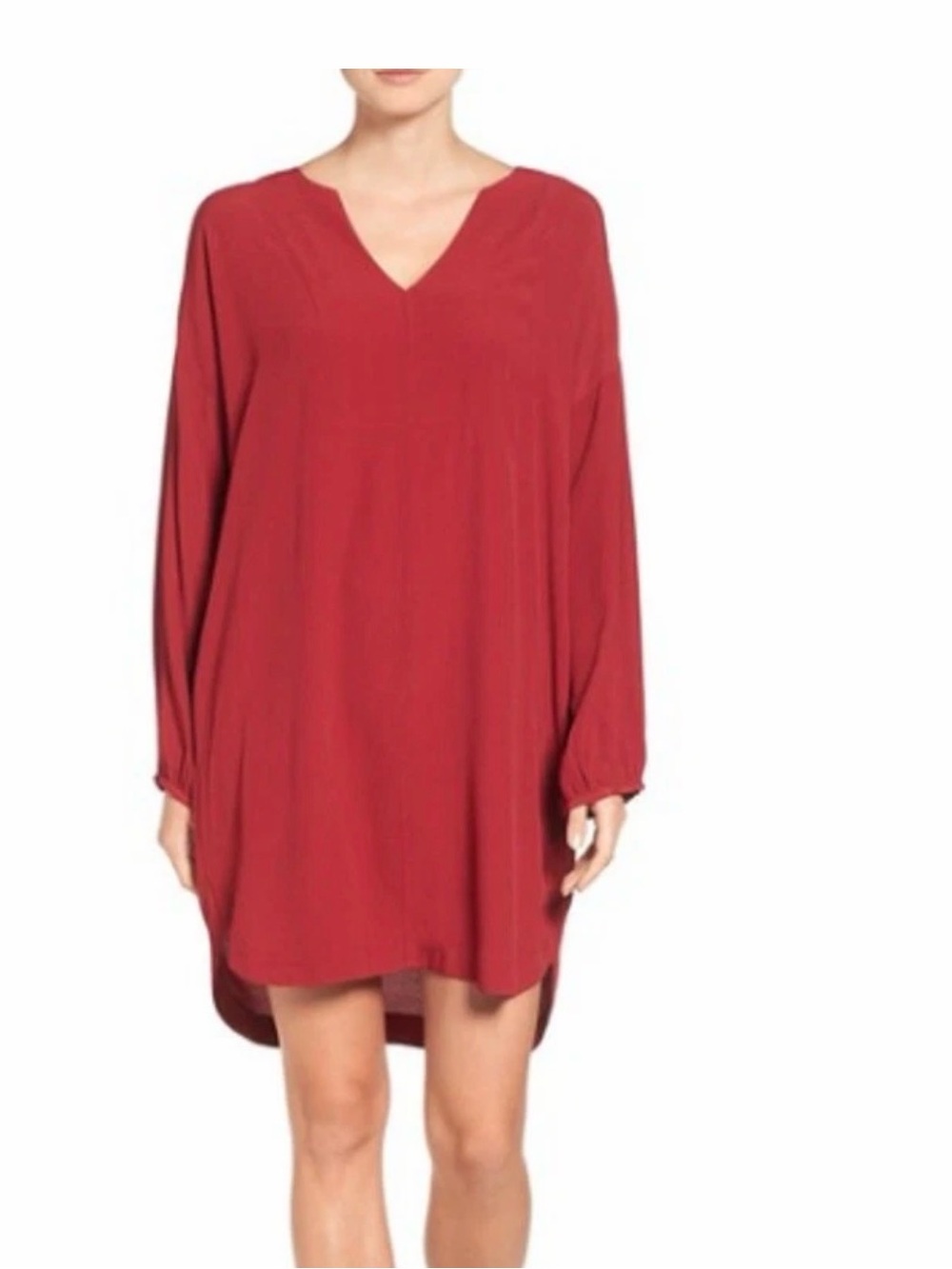 Red V-Neck Long Sleeve Shift Dress